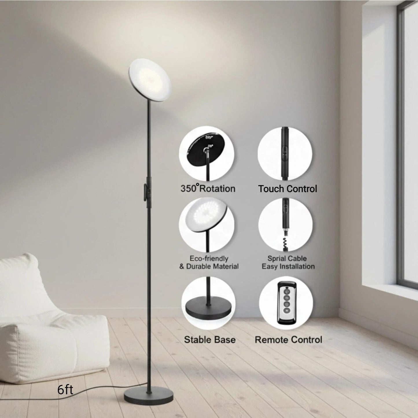 JOOFO Floor Lamp,30W/2400LM Sky LED Modern Torchiere 3 Color Temperatures Super Bright-Tall Standing Pole Light with Remote & Touch Control for Living Room,Bed Room,Office (Black)