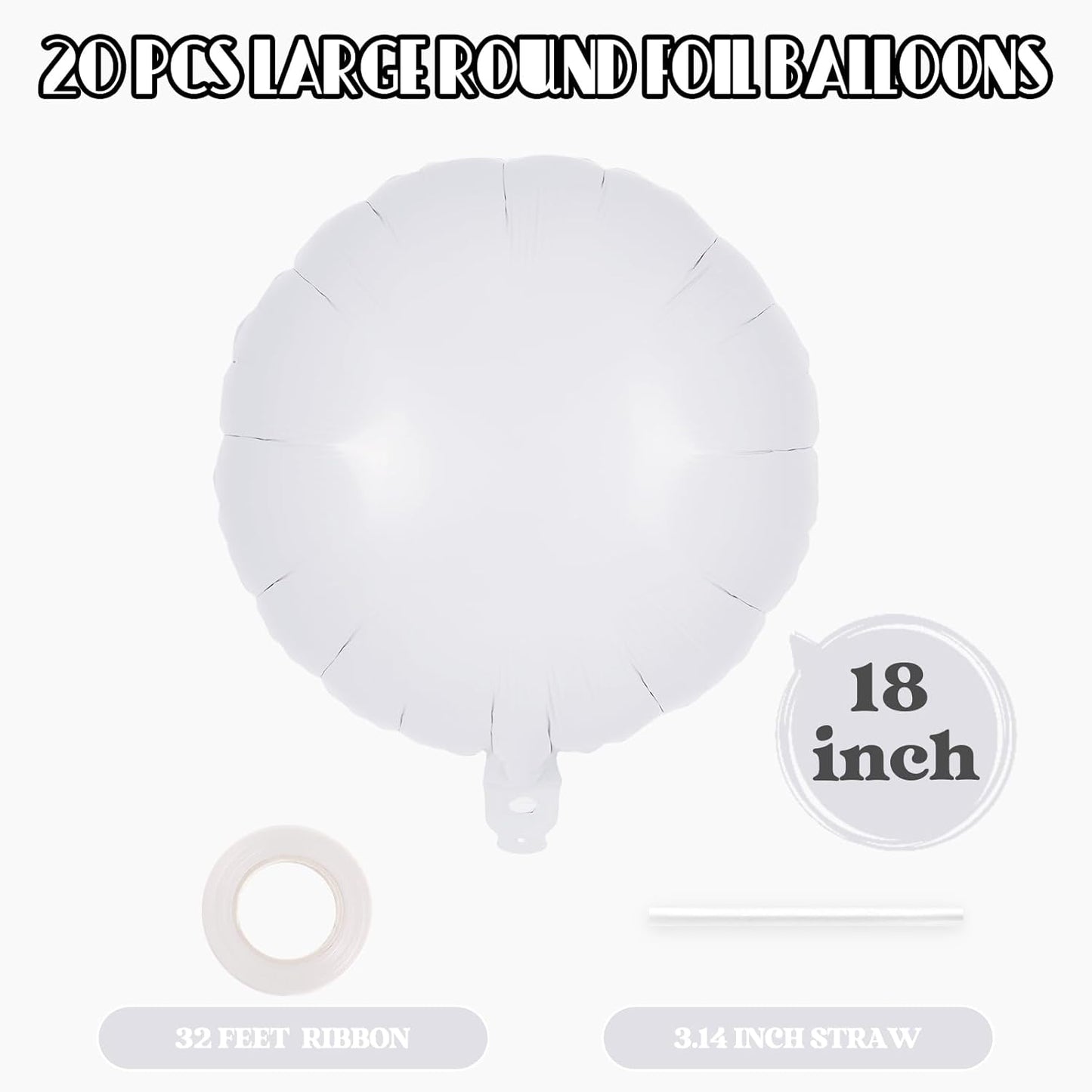 20 Pcs White Round Shaped Balloons,18 Inch Round Foil Balloon,Giant Round Mylar Balloon Helium Balloons for Birthday Party Baby Shower Wedding Decorations (White)