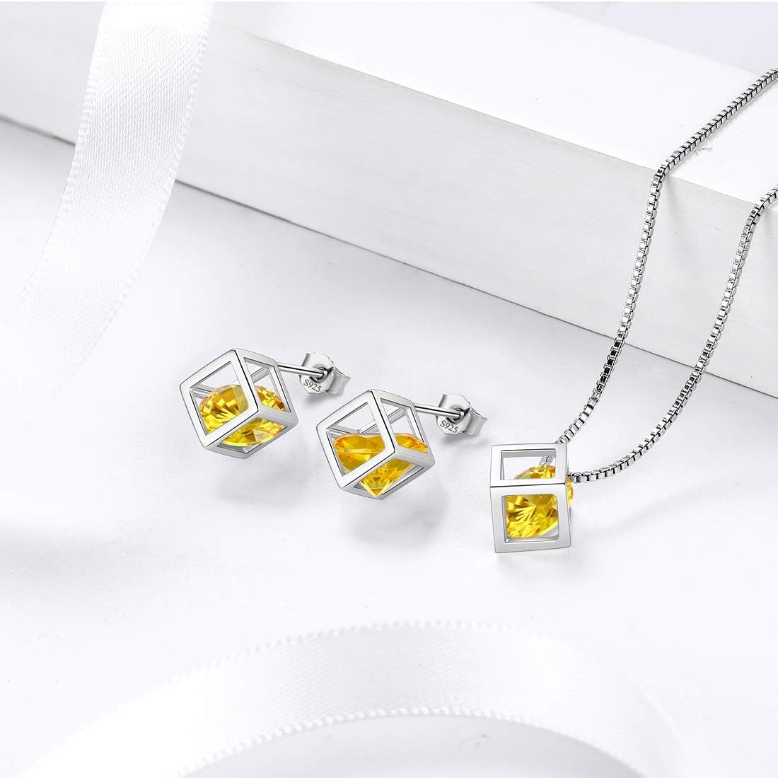 Aurora Tears Birthstone Necklace/Earring 925 Sterling Silver Women Cross/3D Cube/Cresent Moon Birth Stone Jewelry Mens Birthday Gift Anniversary Present