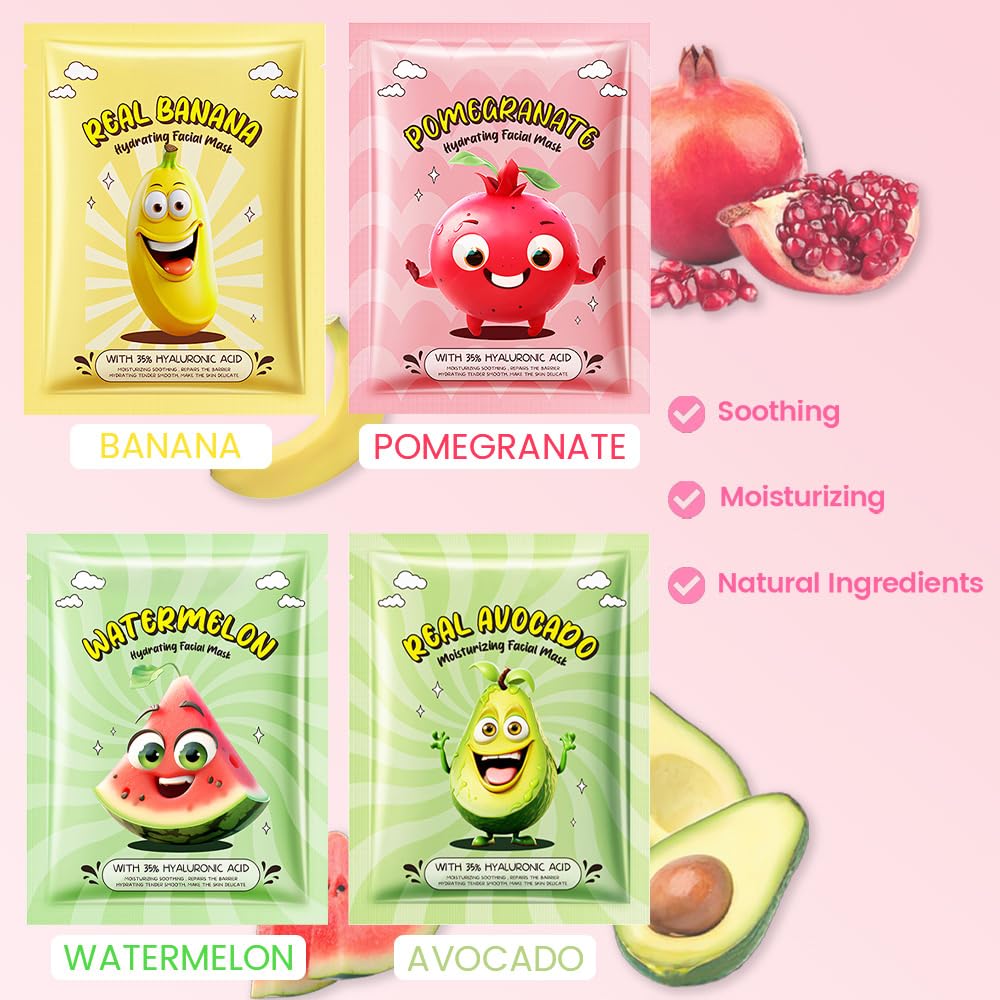 Kaely 12 Pack Fruit Face Masks for Kids, Kids Face Mask Spa Day Kit Supplies, Spa Party Favors for Teens Girls Women, Sheet Facial Mask Skincare Gifts Set, Moisturize Soothe for All Skin Types, 02