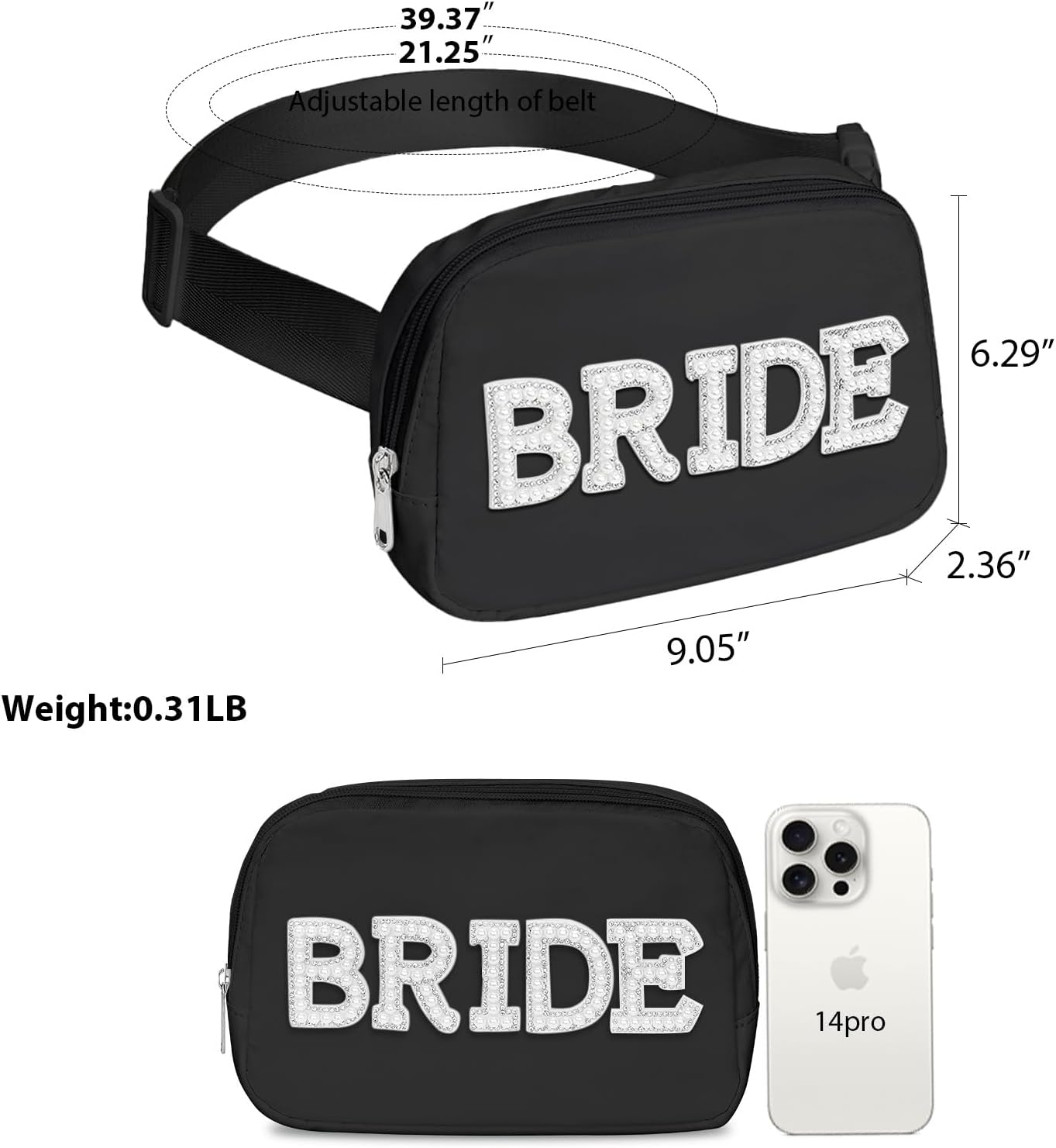 Lamyba Bride to be Gifts, Bridal Shower Gifts, Pearl Patch Bride Fanny Pack for Bachelorette Party Wedding day, Adjustable Strap Waterproof Mrs Crossbody Bag, Black