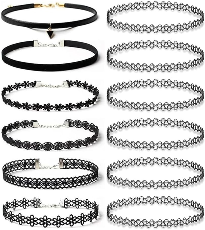 BodyJ4You 12PC Tattoo Choker Necklace - 90s Accessories 2000s Jewelry Y2K Fashion Vintage Trendy - Rainbow Goth Black Pink Green Blue White - Adjustable Stretchy Elastic Necklace Summer Vacation Set