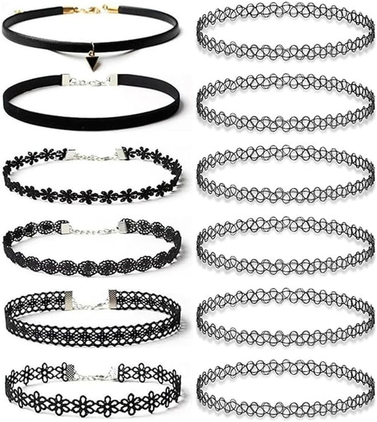 BodyJ4You 12PC Tattoo Choker Necklace - 90s Accessories 2000s Jewelry Y2K Fashion Vintage Trendy - Rainbow Goth Black Pink Green Blue White - Adjustable Stretchy Elastic Necklace Summer Vacation Set