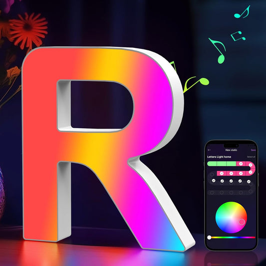 Light Up Letters Marquee Letter - Music Sync RGB Color Changing LED Lights Letter Logo Game Lights for Girls Women Party Birthday Christmas Valentine's Day Wall Desktop Decoration (MRGB-R)
