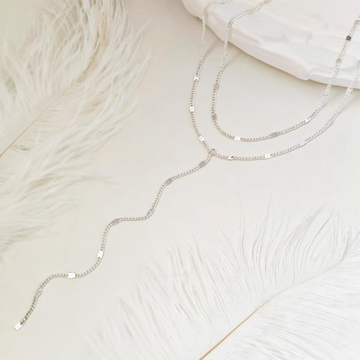 Lariat Gold Necklace for Women, Dainty Long Necklace 14k Gold Plated/Silver Y-Shaped Layered Beaded Chain Drop Necklaces for Women Trendy Simple Gold Jewelry for Women Gifts