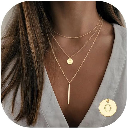 Initial Layered Necklaces for Women, 14K-Gold-Plated Coin Letter Necklace Bar Stacking Layer Necklace Multi Bar Layering Y-Necklaces Jewelry for Women
