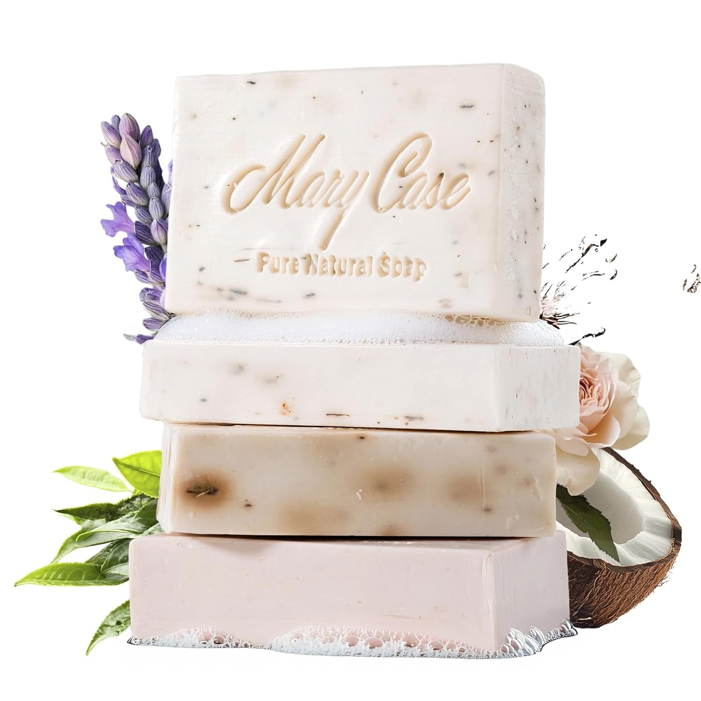 Mary Case All Natural Bar Soap for Men & Women (Variety Set of 4) - Lavender, Tea Tree, Coconut and Rose Bath Soap Bar with Olive & Coconut Oils - Vegan Bath Soaps for Hydrating & Nourishing Skin