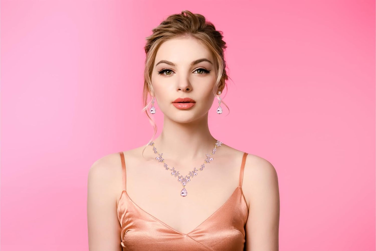 Bridal Wedding Elegant Floral Jewelry Set for Women/Brides/Bridesmaids Crystal Jewelry Set for Wedding Prom Party Bridal Crystal Necklace Earrings Bracelet Set