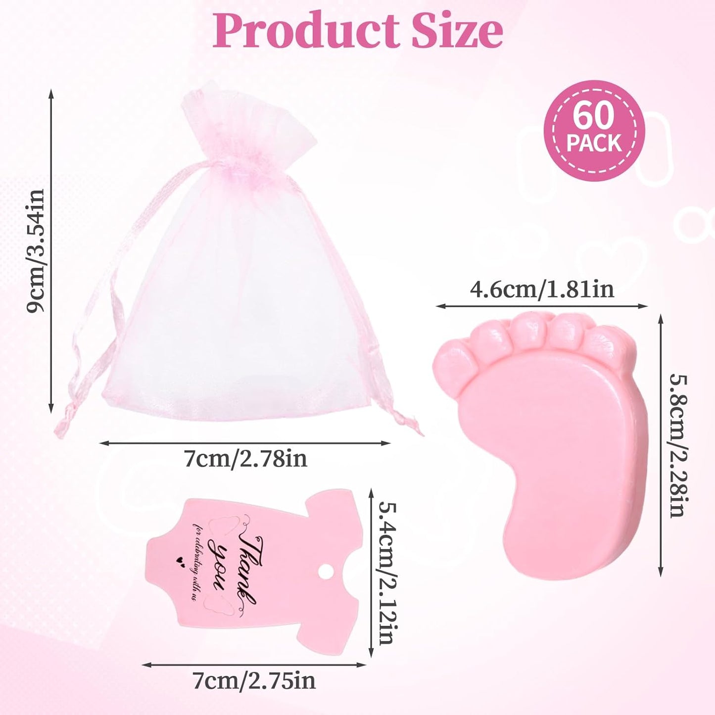 60 Set Baby Shower Soap Favors, Baby Shower Favors Handmade Feet Party Bulk Gifts for Guests with Thank You Tags and Organza Bags, Pink Themed Return Gift for Women Birthday Gender Reveal