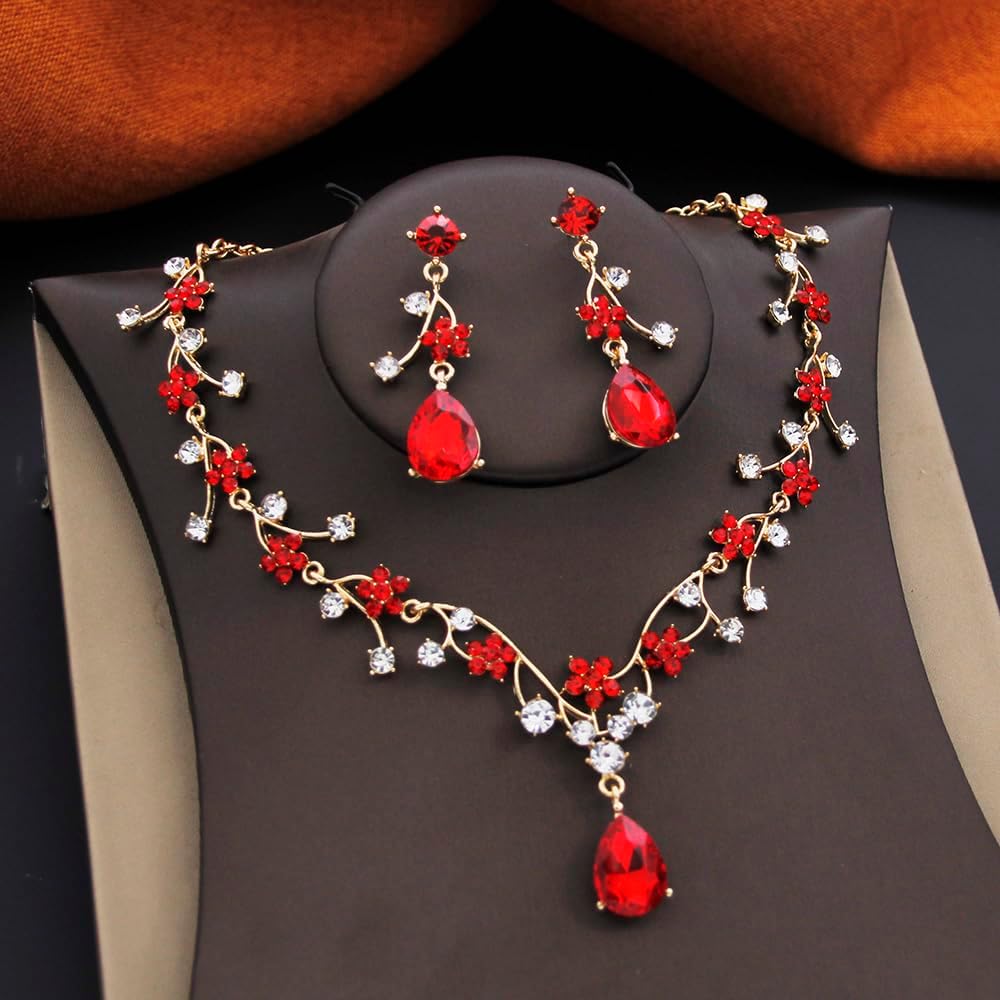 Jewelry Sets for Women Wedding Flower Necklace and Dangle Earrings Gold-Plated Rhinestones Teardrop Pendants Necklace Set for Bridal Party Accessories