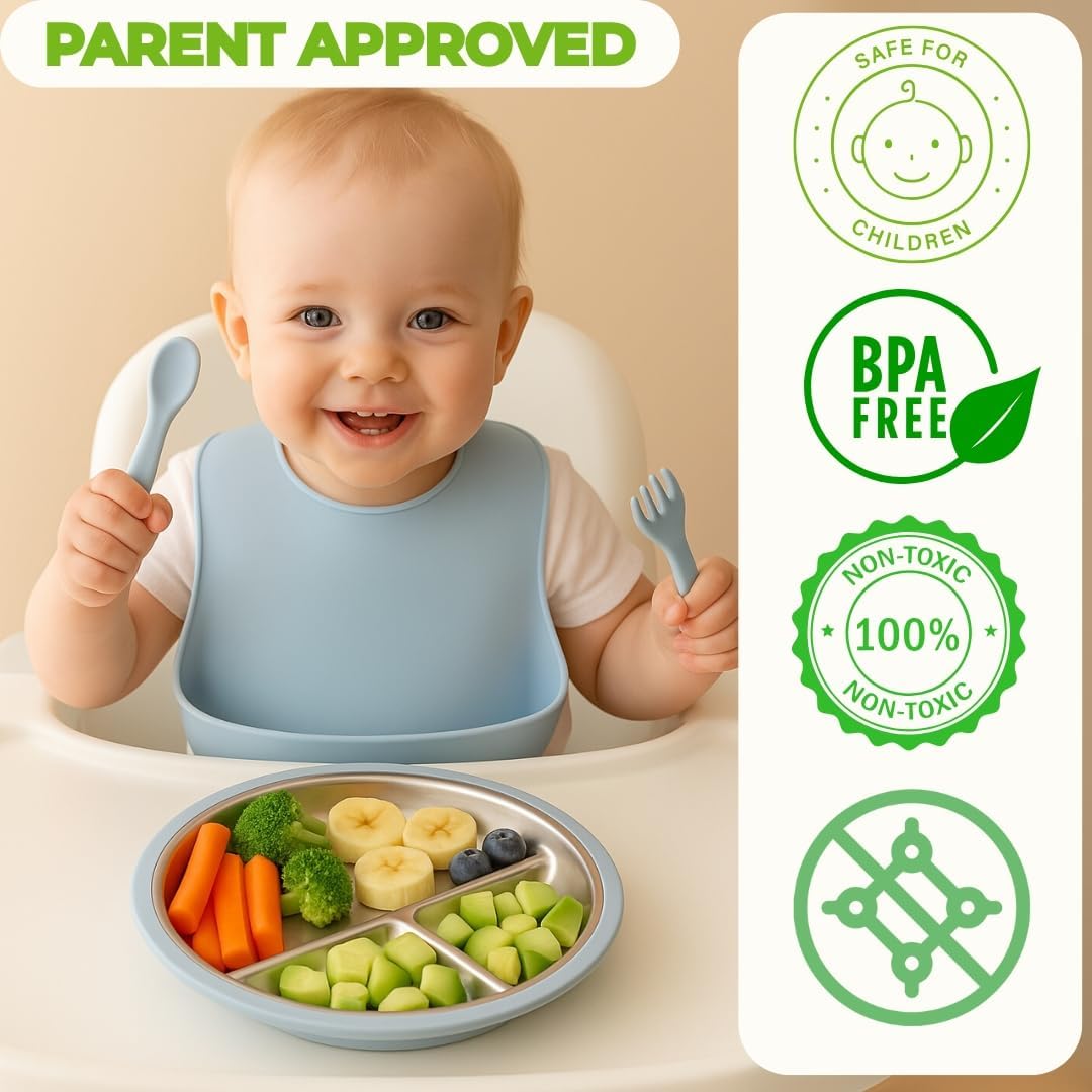 Stainless Steel Toddler Plate with Suction Set of 2, 8” Divided Plates with Removable Silicone Sleeves for Kids, Non Toxic & BPA Free | Non Slip | Unbreakable Baby Dishes, (Butter Yellow & Baby Blue)