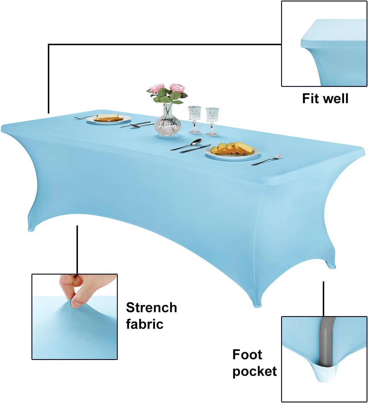 FORLIFE Spandex Table Cover - Fitted 8ft Rectangular Tablecloth, Stretch Patio Cover, Universal for Wedding, Banquet, Party (Blue Mist)