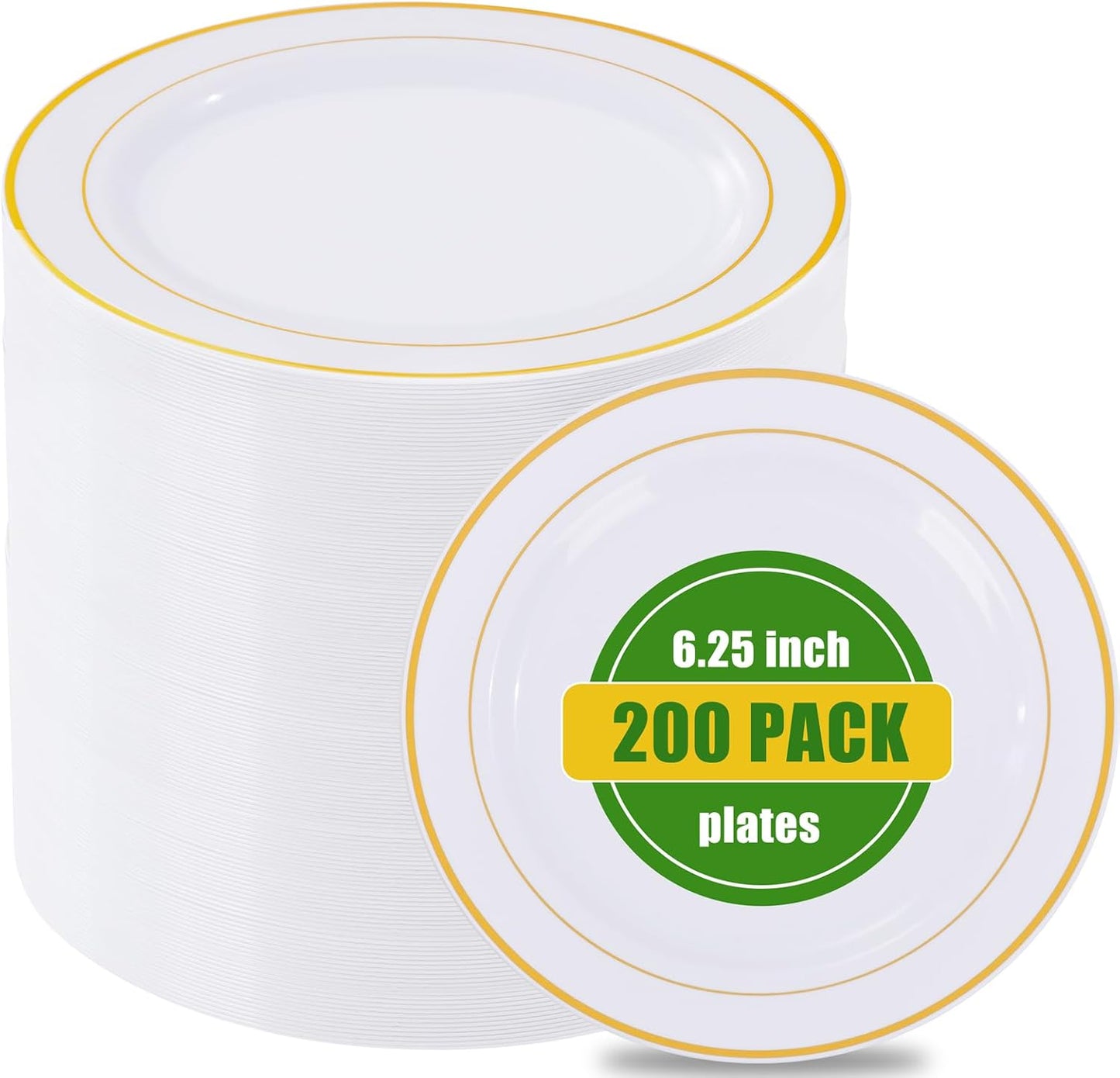 bUCLA 200PCS Gold Plastic Plates - 6.25inch White with Gold Trim Disposable Salad/Dessert/Appetizer/Small Cake Plates, Ideal for Wedding & Party