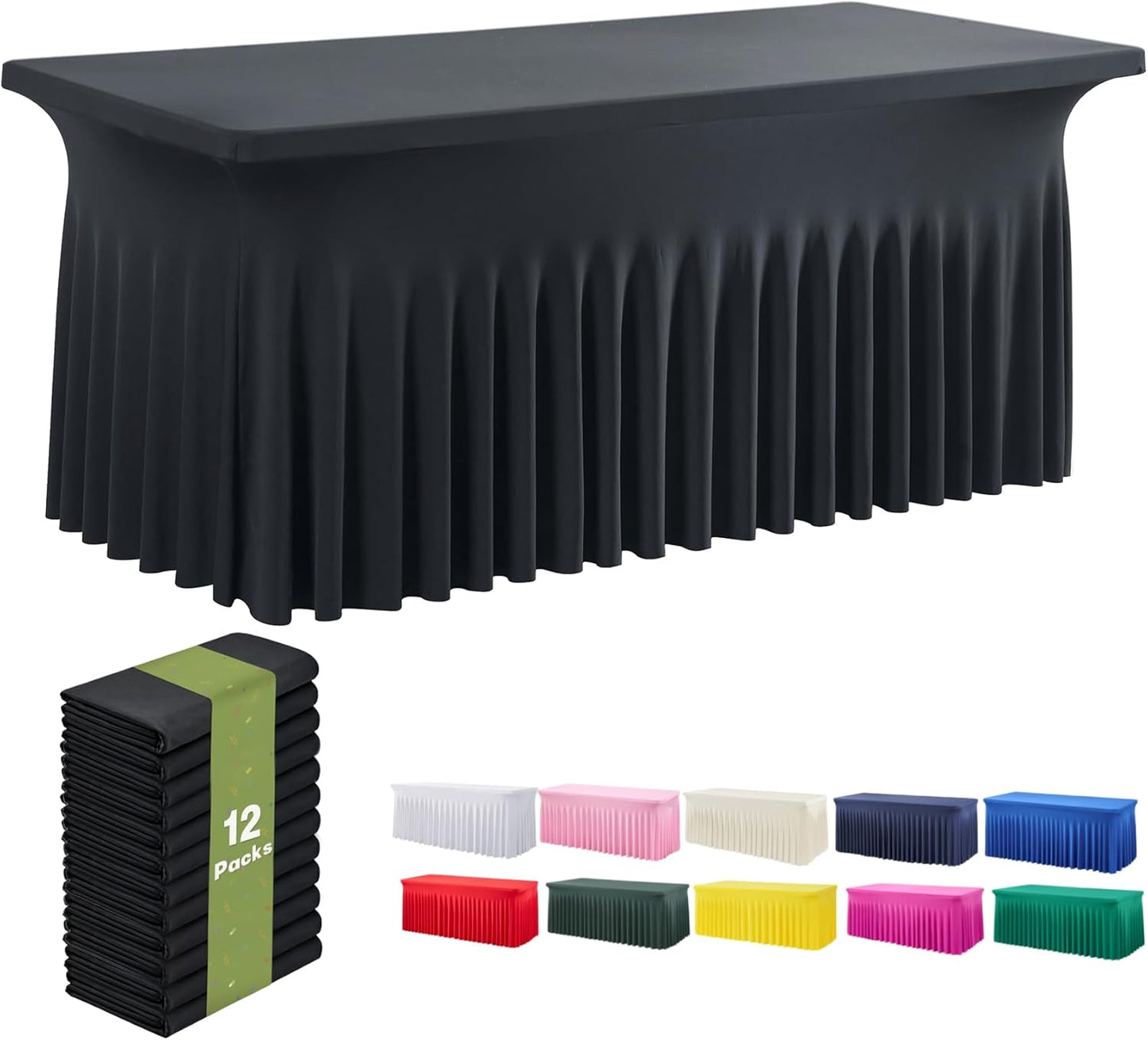 leegleri 12 Pack Black Spandex Fitted Table Clothes for 6 Foot Rectangle Tables, Wrinkle Free 6ft Spandex Table Cover with Skirt for Banquet Weddings Parties