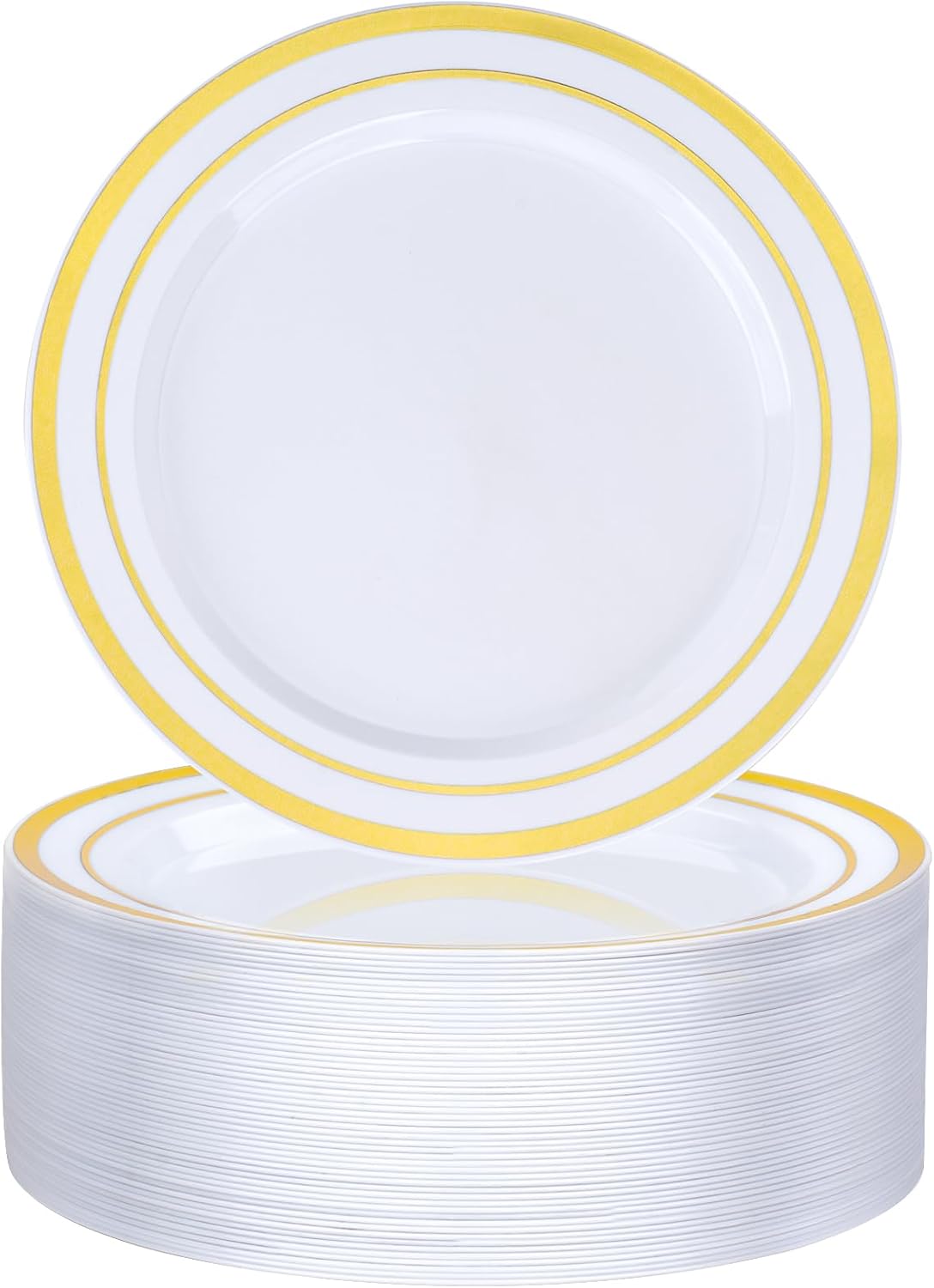 BESTVIP 50PCS 7 Inch Gold Plastic Plates, Disposable Dessert Plate with Gold Rim, Small Heavy Duty Disposable Plastic Plates for Party, Wedding and Birthday, Christmas, Thanksgiving
