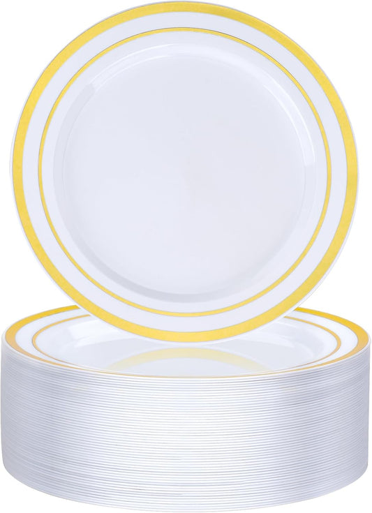 BESTVIP 50PCS 7 Inch Gold Plastic Plates, Disposable Dessert Plate with Gold Rim, Small Heavy Duty Disposable Plastic Plates for Party, Wedding and Birthday, Christmas, Thanksgiving