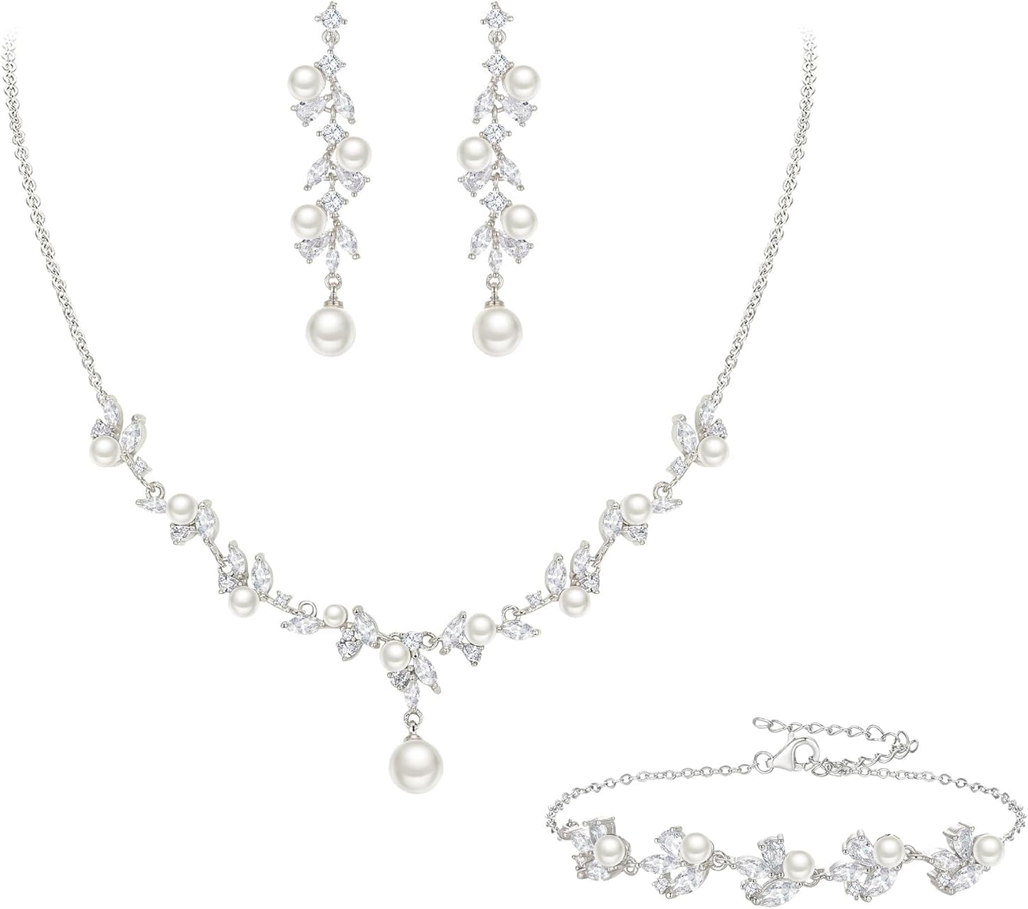 EleQueen Women's Simulated Pearl Wedding Jewelry Set, Cubic Zirconia Marquise Floral Bridal Necklace Earrings Bracelet Sets