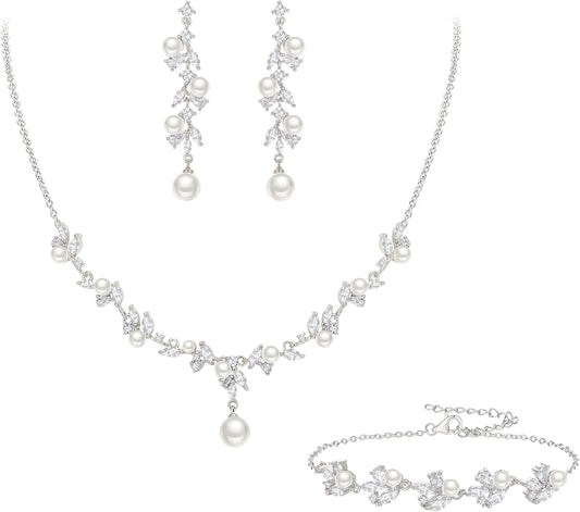 EleQueen Women's Simulated Pearl Wedding Jewelry Set, Cubic Zirconia Marquise Floral Bridal Necklace Earrings Bracelet Sets