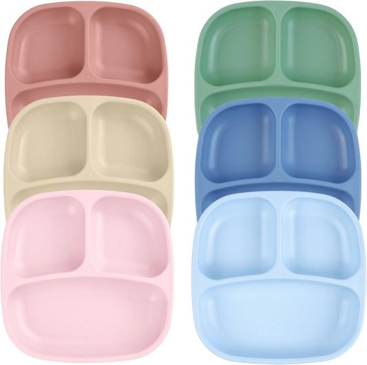Re-Play Toddler Plates with Dividers - Deep-Walled 3 Compartments Divided Plates for Kids - Dishwasher & Microwave Safe - Made in USA - Set of 6-7.37" x 7.37" x 1.25" - Meadow