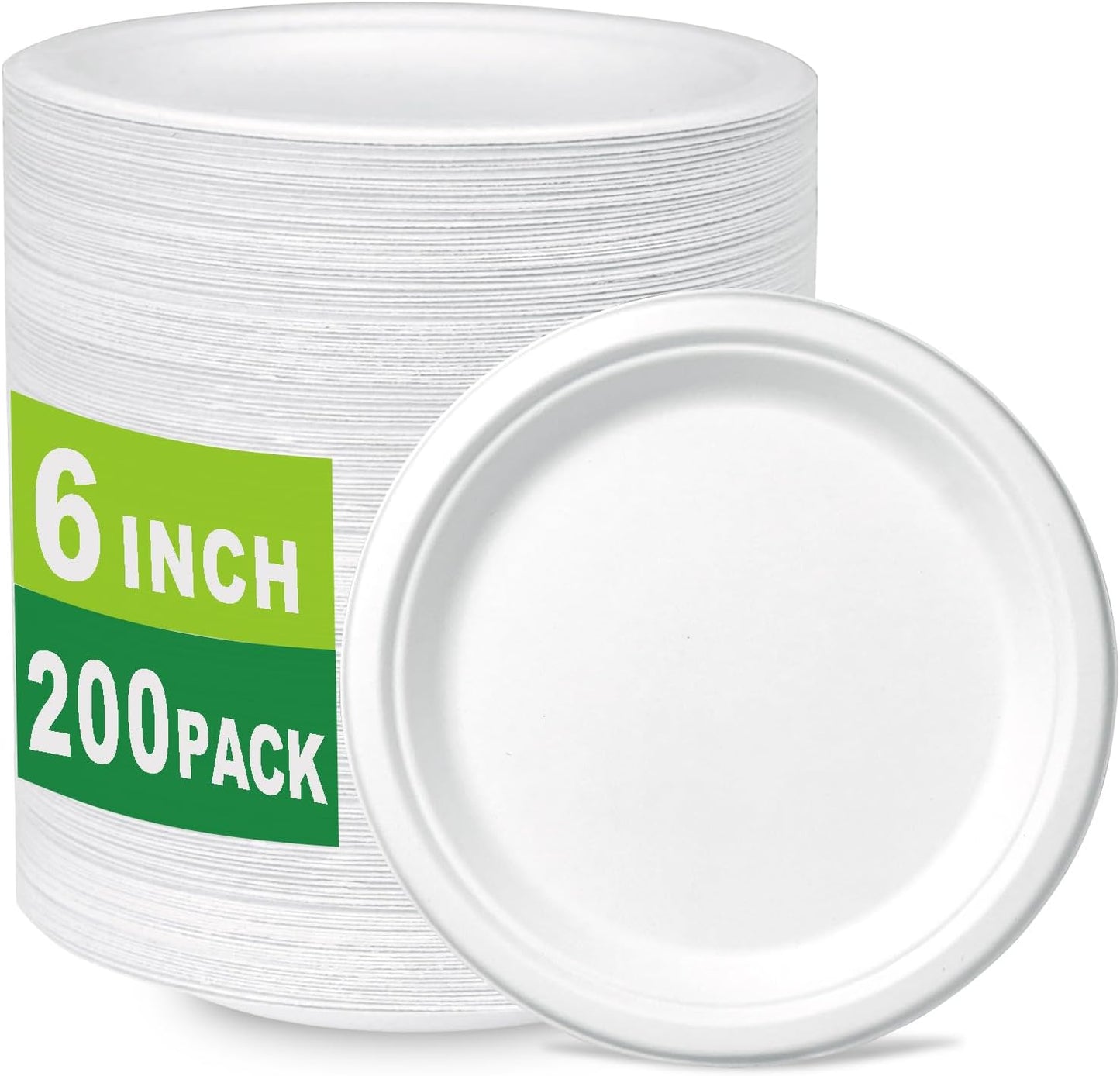 200 Count 6 Inch Small Heavy Duty Compostable Dessert Plates, Biodegradable Bagasse and Bamboo Fiber Paper Plate