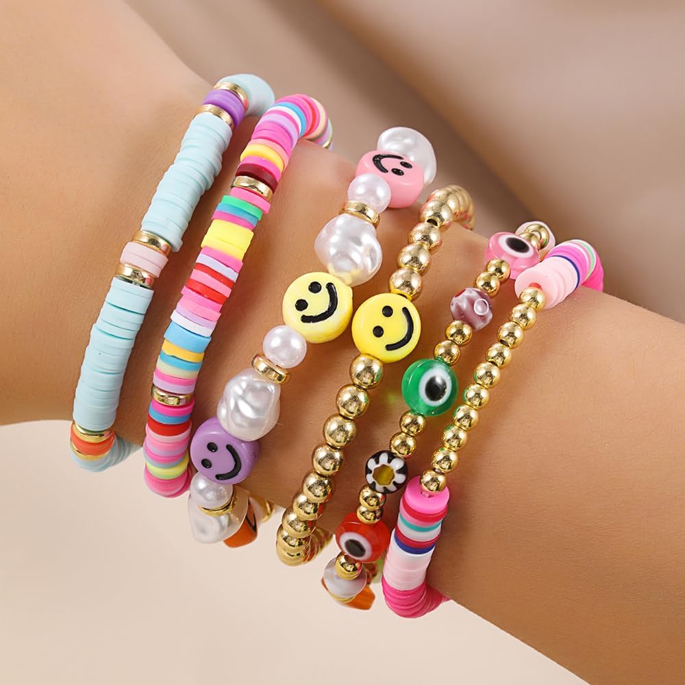 Friendship Bracelets for Women - Heishi Surfer Colorful Smile Evil Eye Clay Beaded Stretch Bracelets Elastic Layering - Stackable Boho Disc Y2K Aesthetic Summer Jewelry Set.