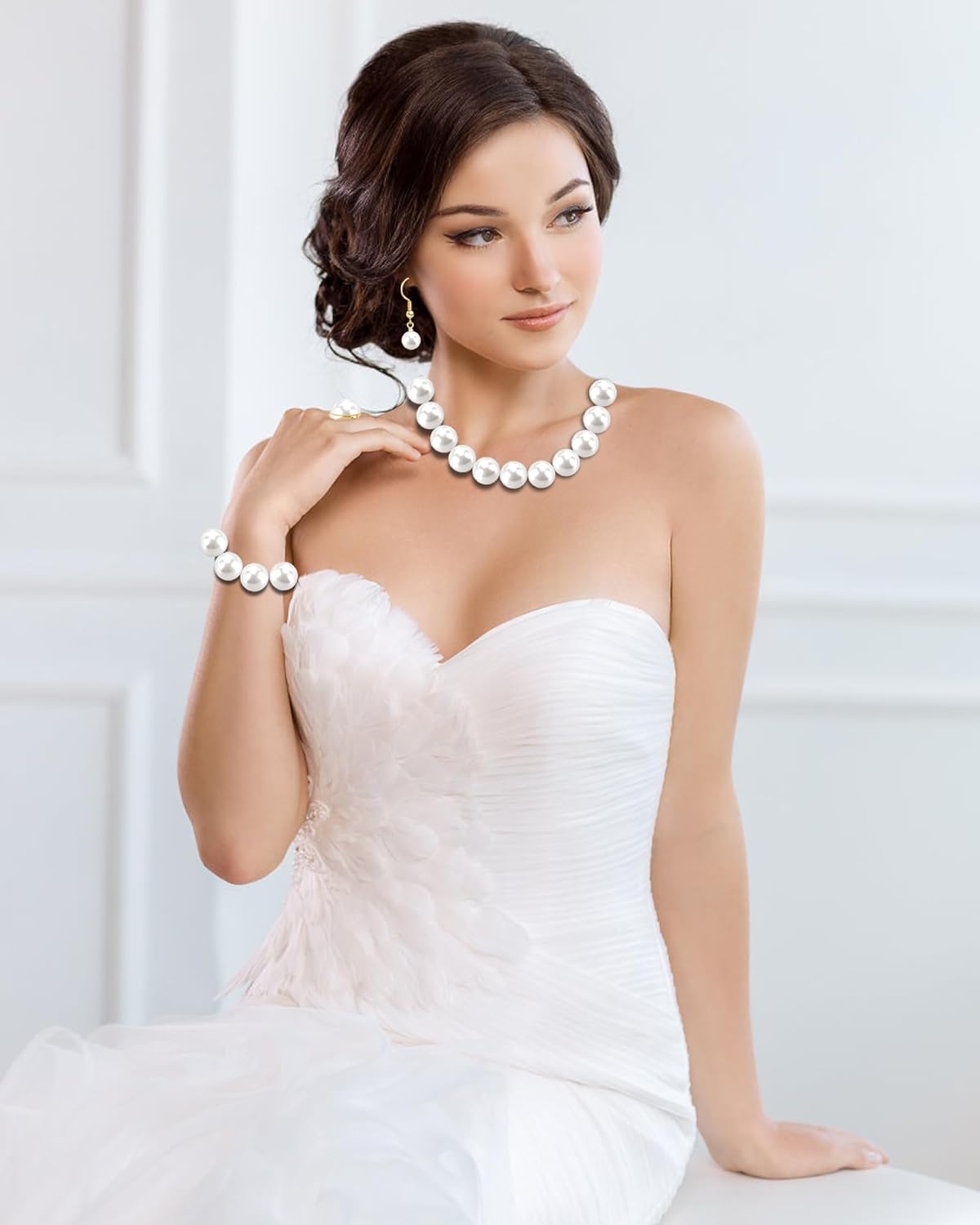 Pearl Jewelry Set for Women Faux Pearl Costume Jewelry Set with Necklace, Bracelets, Ring, Earrings for Wedding Bridal Birthday Tea Party