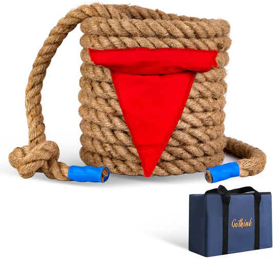 Gothink 50 FT Tug of War Rope Set for Kids - Soft Natural Jute Fiber Rope with Red Flag for School Field Day, Birthday, Holiday Party Game，Camping，Backyard Outdoor Games & Team Activities
