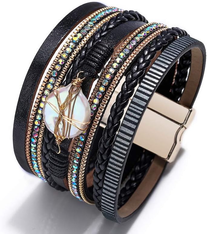 Fesciory Leopard Bracelet for Women, Boho Leather Wrap Multi-Layer Pearl Crystal Bracelet Bangle Jewelry