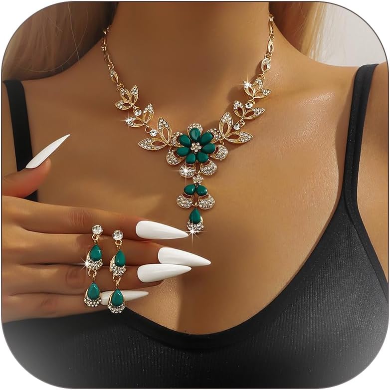 Wedding Jewelry Sets for Brides Rhinestone Necklace and Earring Set Bracelet Ring Gold Silver Prom Jewelry Sets Diamond Flower Teardrop Necklace for Women