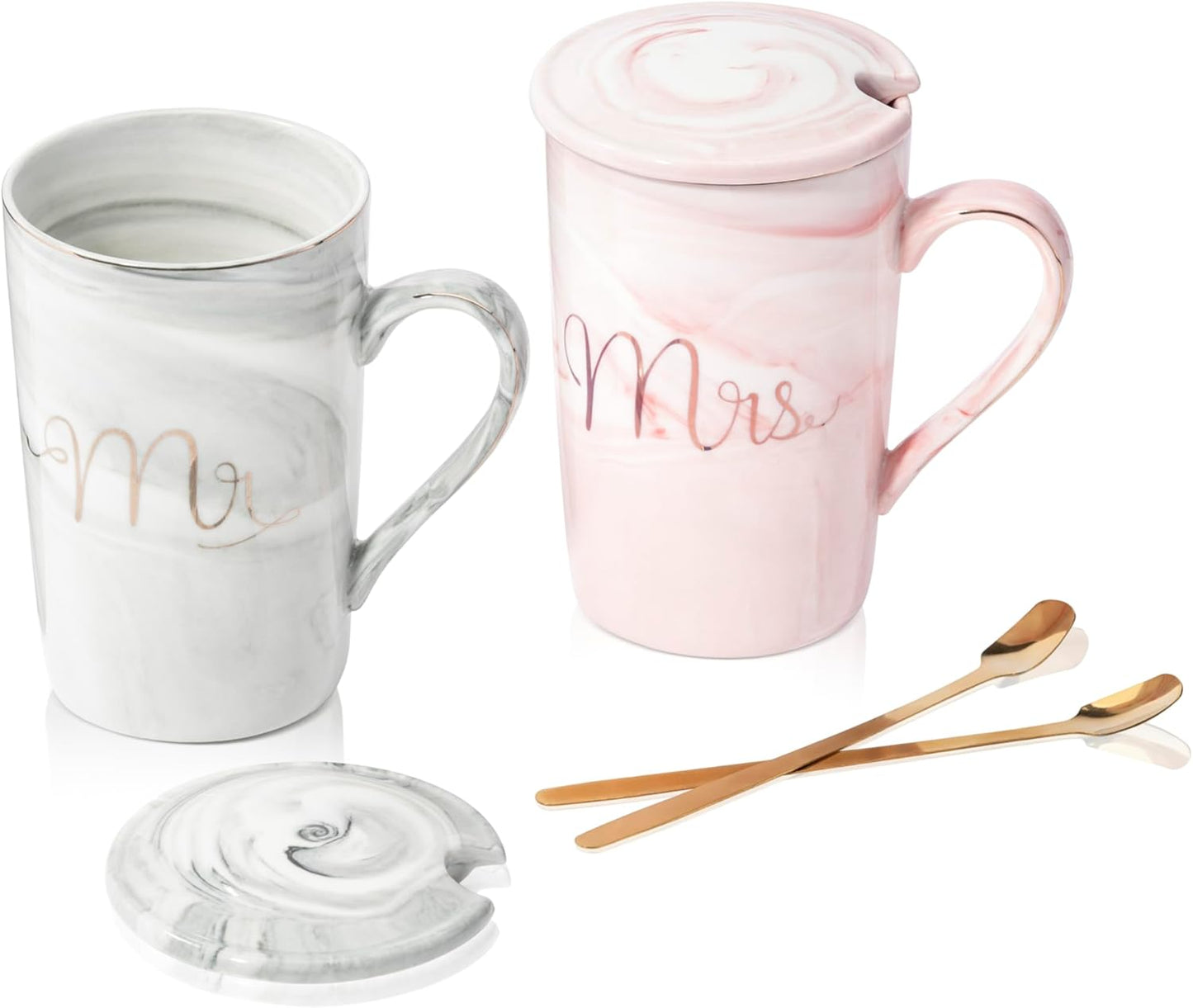 Mr & Mrs Coffee Mug Set of 2, 14oz Ceramic Mug with Lid & Teaspoon - Engagement Gifts for Couples Matching, Bridal Shower Gifts for Bride To Be - Just Married Couple Wedding Gift Ideas