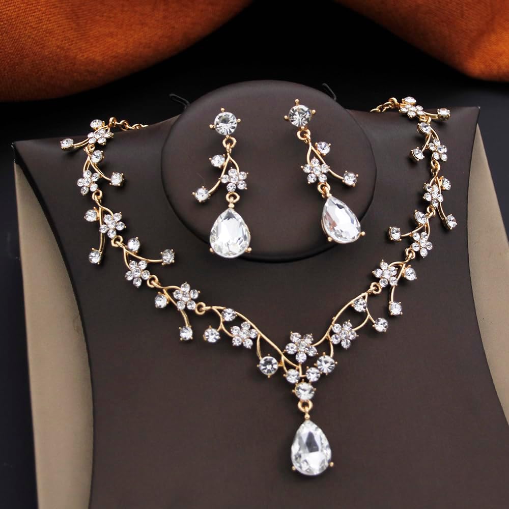 Jewelry Sets for Women Wedding Flower Necklace and Dangle Earrings Gold-Plated Rhinestones Teardrop Pendants Necklace Set for Bridal Party Accessories