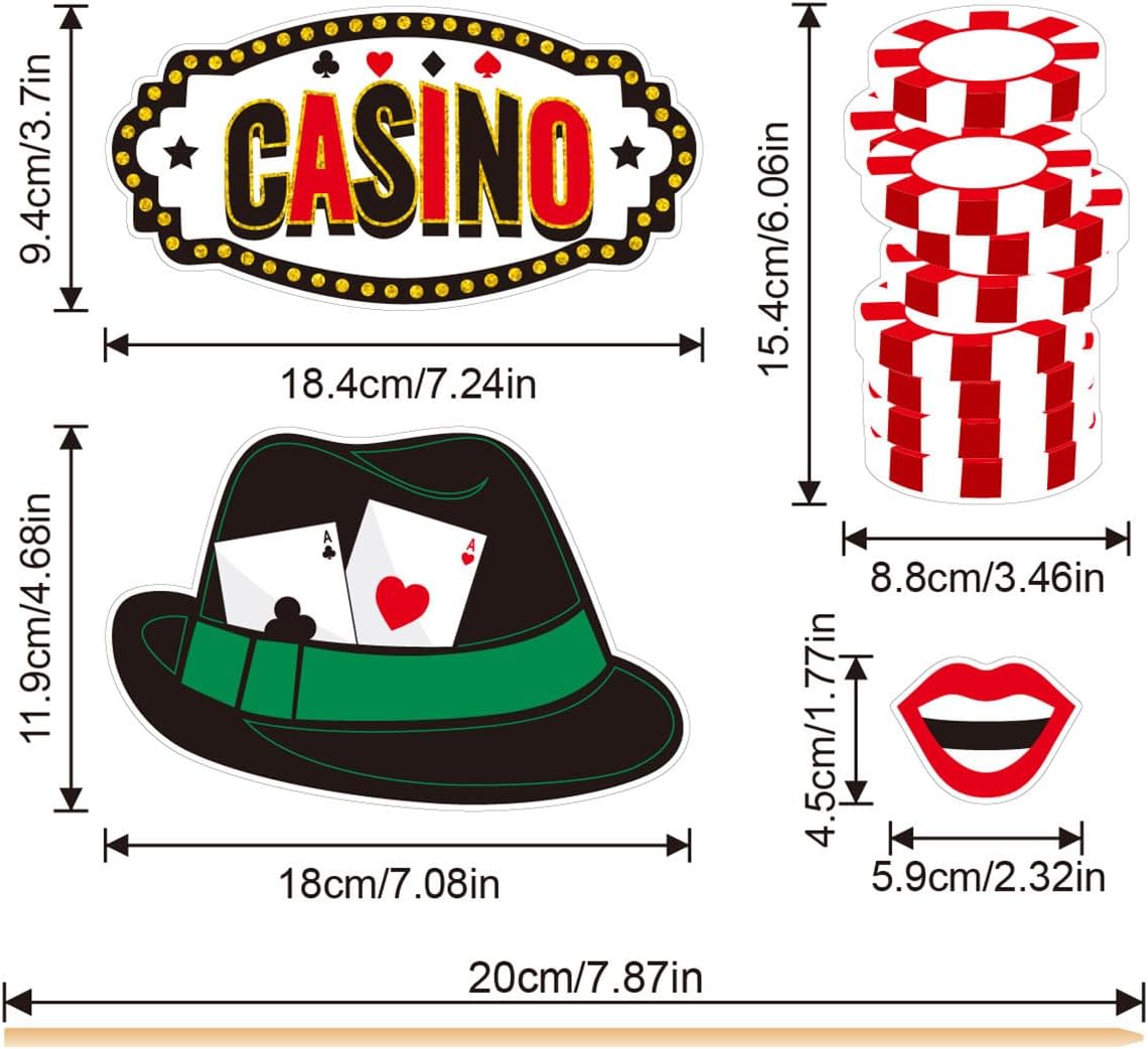 Casino Photo Booth Props, Tumwisk 24PCS Casino Theme Party Decorations, Vegas Themed Selfie Props with Stick for Texas Hold'em 777 Party, Funny Game Night Photography Props