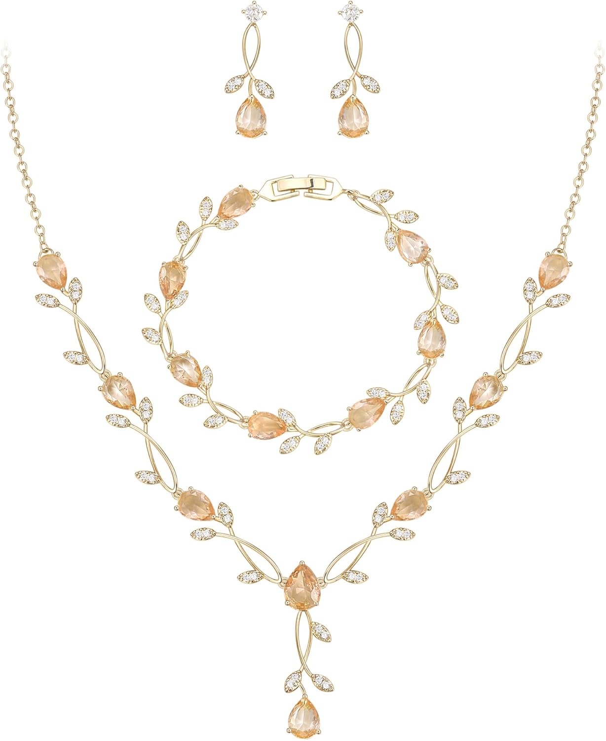 EVER FAITH Bridal Cubic Zirconia Jewelry Sets for Women, White Simulated Pearl Leaf Vine Pendant Wedding Party Necklace Earrings Set for Bridesmaid Bride