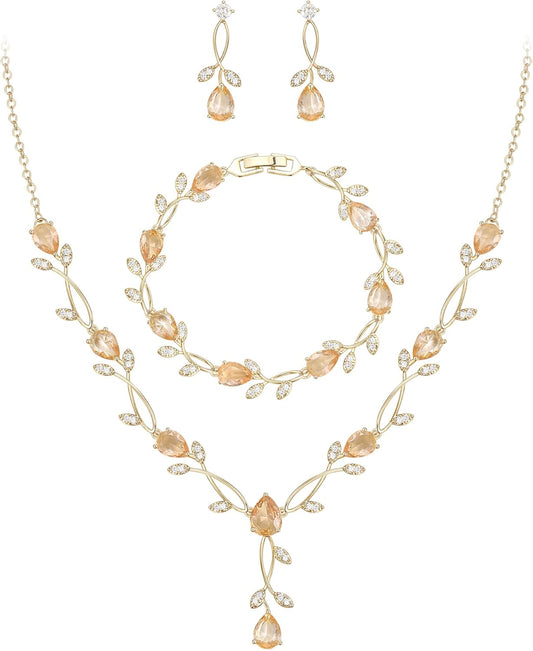 EVER FAITH Bridal Cubic Zirconia Jewelry Sets for Women, White Simulated Pearl Leaf Vine Pendant Wedding Party Necklace Earrings Set for Bridesmaid Bride