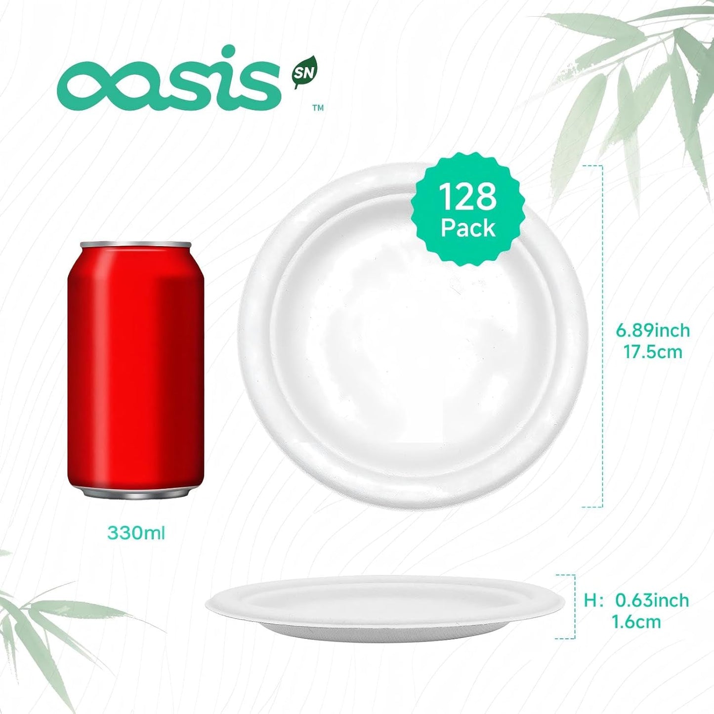 𝟕 𝐈𝐧𝐜𝐡, 𝟏𝟐𝟖-𝐏𝐚𝐜𝐤 Compostable Paper Plates, Heavy-Duty Biodegradable Disposable Dish Made from Bagasse, Perfeck for Snacks, Desserts, Party, Wedding and More (White)