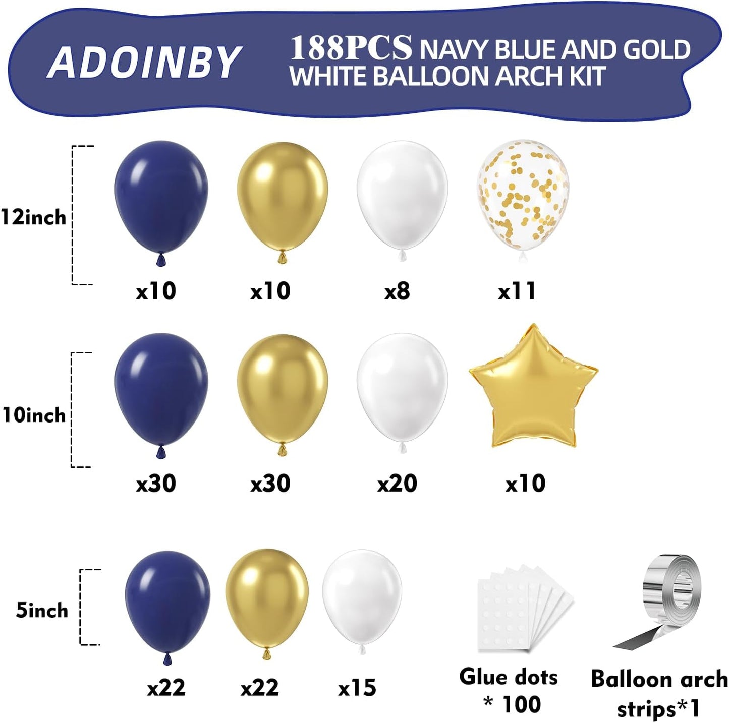 Blue and Gold Balloon Arch Kit, 188Pcs Gold Star Balloons with Navy Blue and Gold White Latex Balloon Garland kit, Different Size Balloons for Anniversary Wedding New Year Birthday Decorations