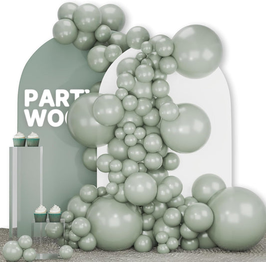 PartyWoo Dusty Green Balloons 140pcs Different Sizes Pack of 18 12 10 5 Inch Sage Olive Eucalyptus Green Boho Neutral Balloon Arch Kit for Jungle Woodland Theme Birthday Party Decorations Green-F59