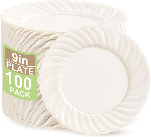 U-QE 100 Count 9 Inch Ivory Plastic Plates for Thanksgiving - Scalloped Disposable Thanksgiving Dinner Plates - Premium Hard Fancy Disposable Heavy Duty Party Supplies for Celebrations, and Events