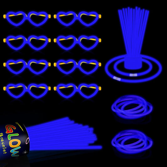 60 Pack 8” Blue Glow Sticks Bulk Bright Glow Sticks with 60 Connectors 20 Heart Glasses Glow In The Dark Party Supplies Neon Party Decorations Glow Bracelet Glasses for Holiday Carnival (Blue)