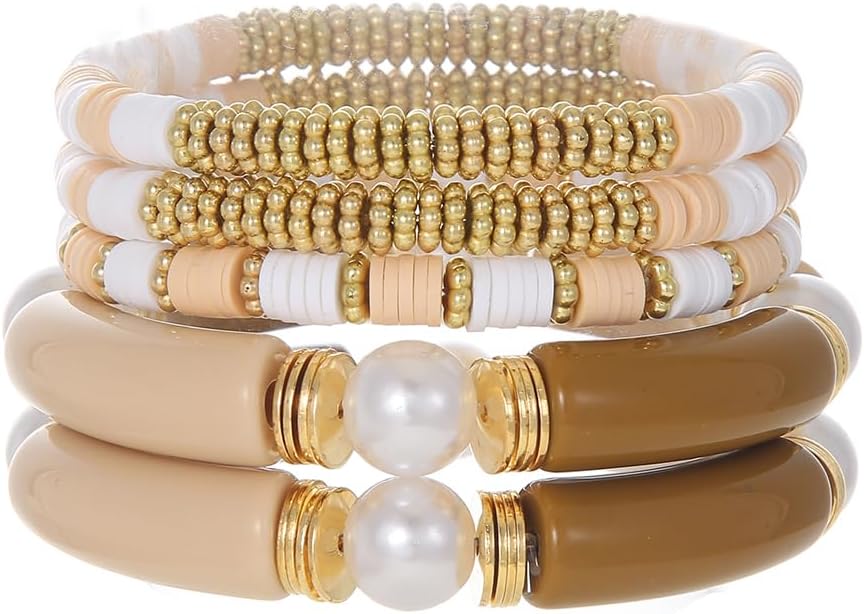 Friendship Bracelets for Women - Heishi Surfer Colorful Smile Evil Eye Clay Beaded Stretch Bracelets Elastic Layering - Stackable Boho Disc Y2K Aesthetic Summer Jewelry Set.