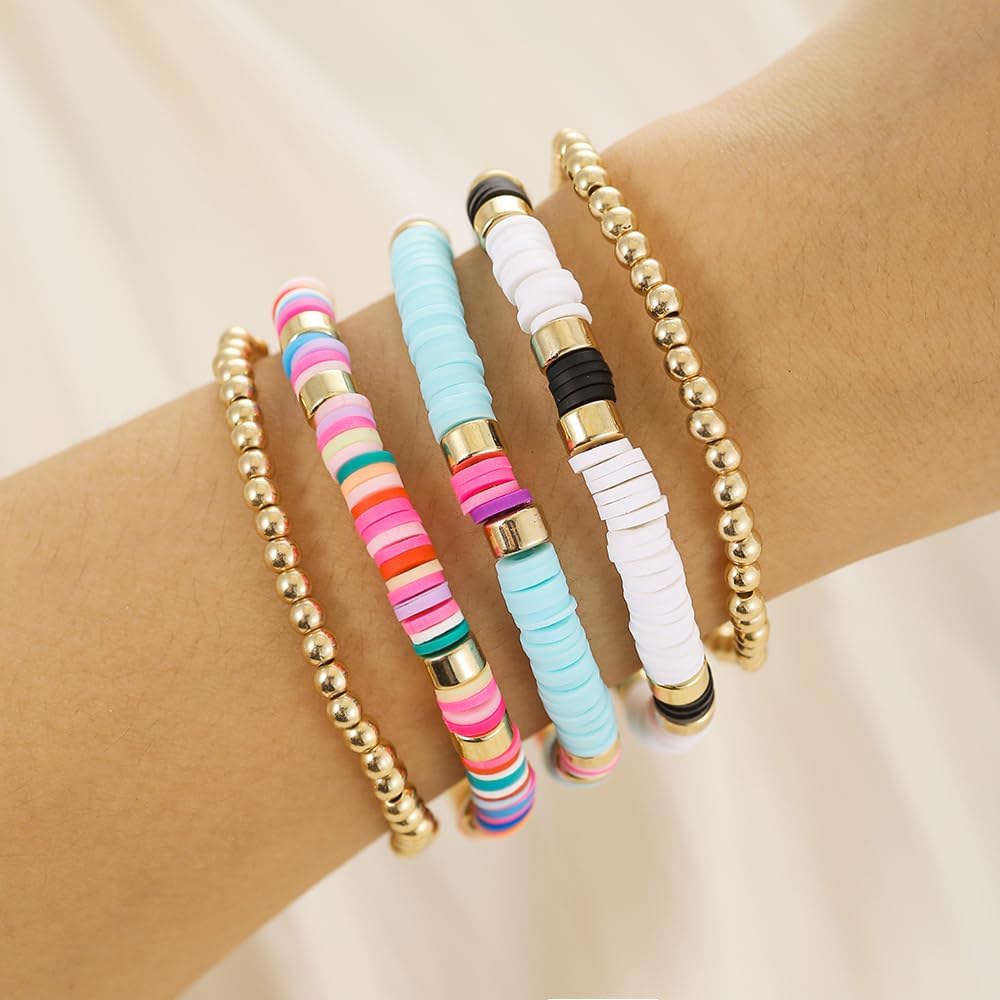 Friendship Bracelets for Women - Heishi Surfer Colorful Smile Evil Eye Clay Beaded Stretch Bracelets Elastic Layering - Stackable Boho Disc Y2K Aesthetic Summer Jewelry Set.