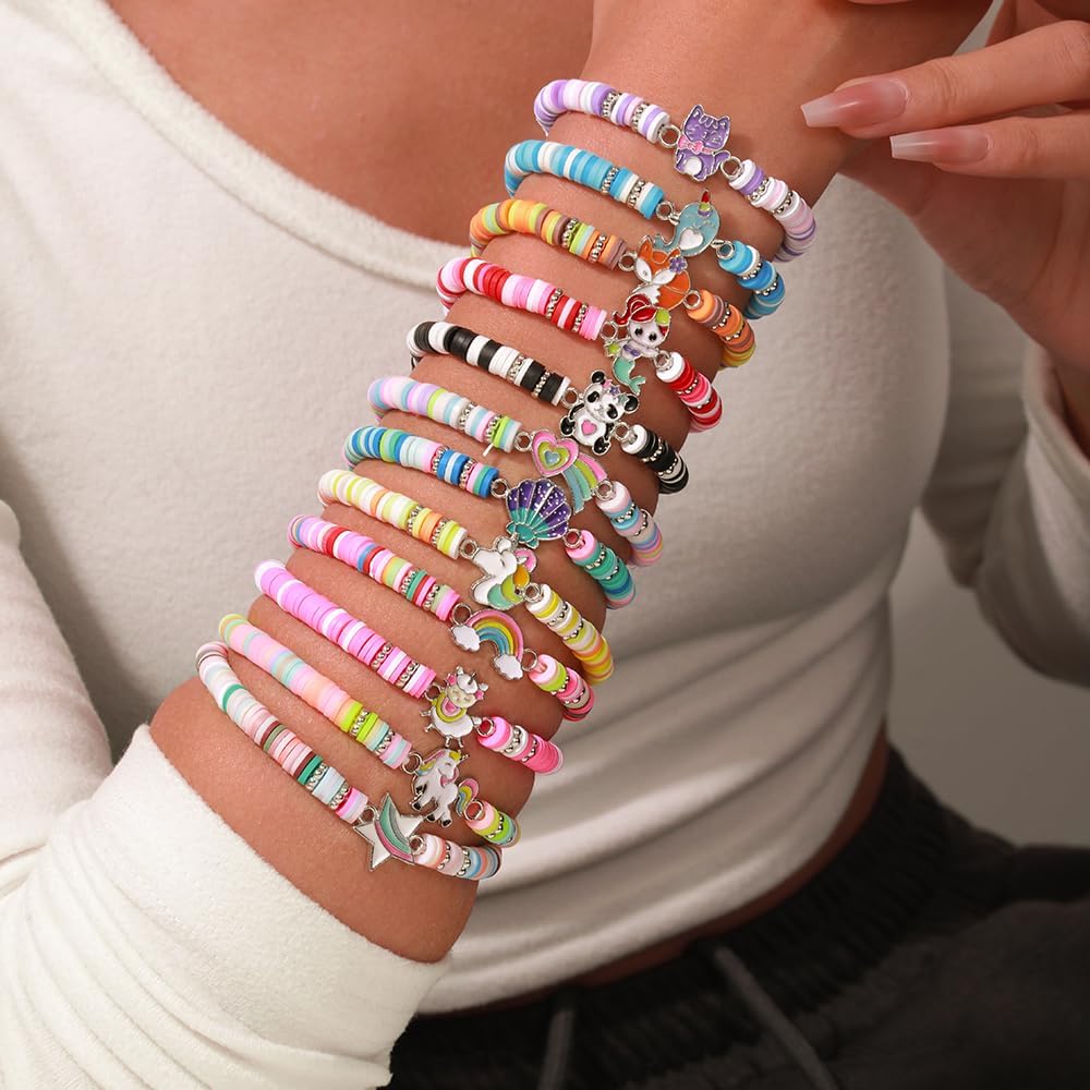 Friendship Bracelets Boho Stackable Bracelets for Women Surfer Heishi Clay Bead Bracelets Stretch Preppy Bracelets Colorful Boho Bracelets for Women