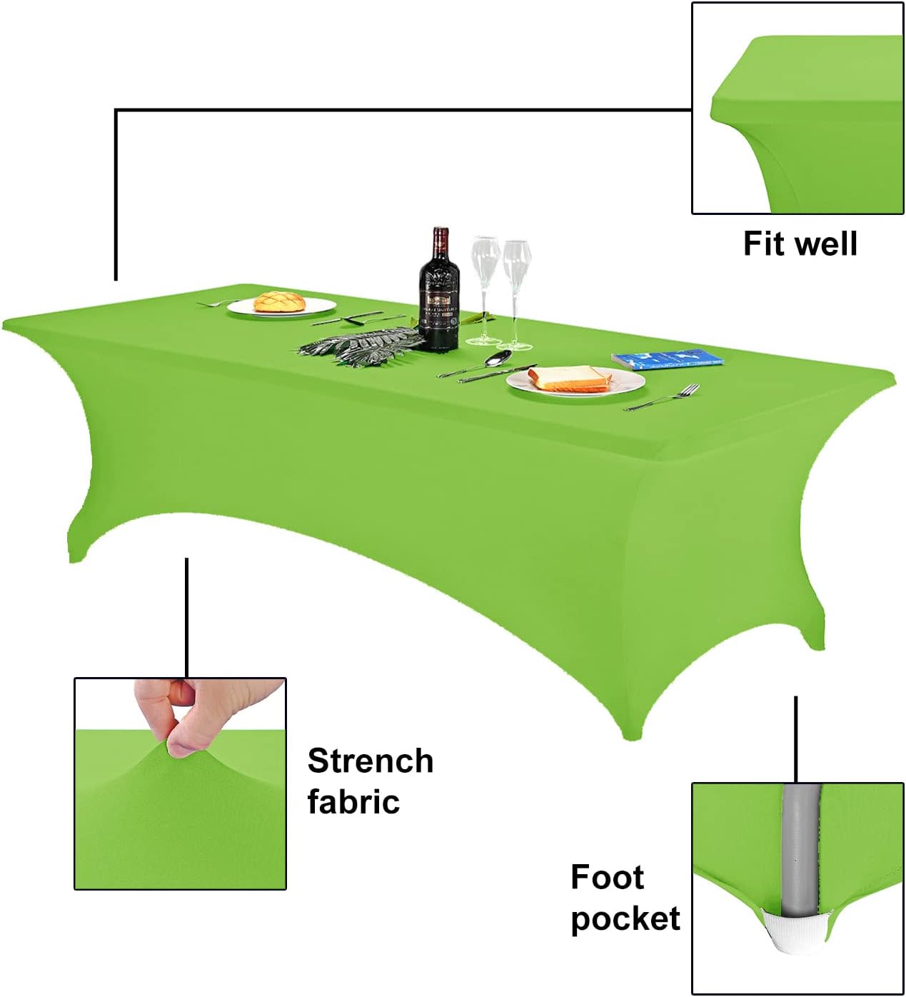 FORLIFE Spandex Table Cover - Fitted 8ft Rectangular Tablecloth, Stretch Patio Cover, Universal for Wedding, Banquet, Party (Apple Green)