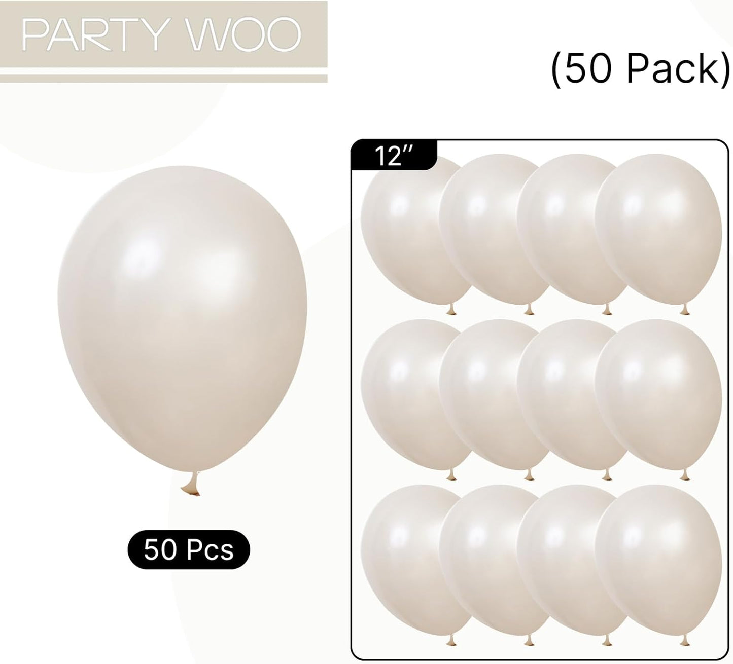 PartyWoo White Sand Balloons 50 pcs 12 Inch Pearl Beige Cream Ivory Latex Helium Balloons for Wedding Boho Neutral Theme Graduation Baby Shower Gender Reveal Birthday Party Decorations White-Z41