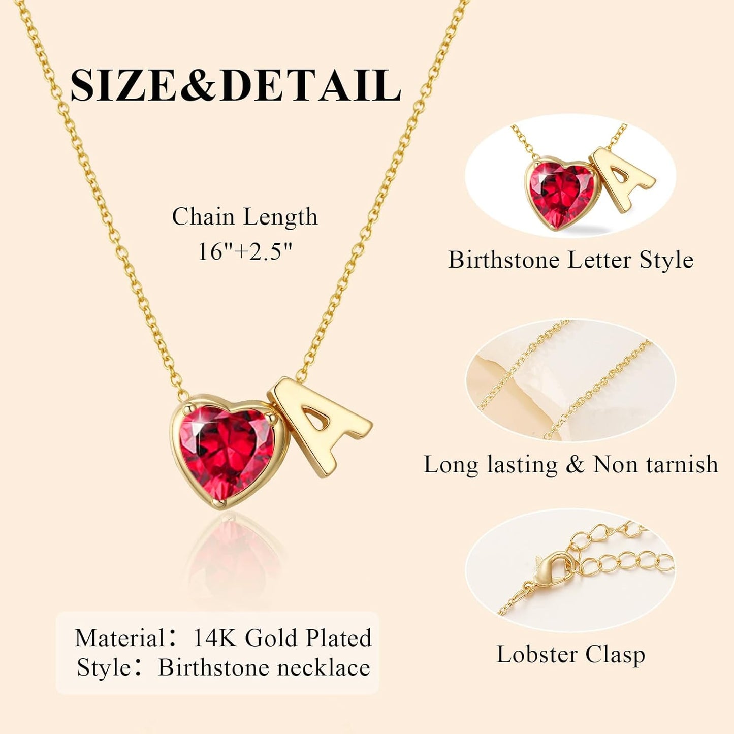 Heart Birthstone Initial Necklace for Women Girls,14K Gold Plated Heart Letter A-Z Necklace Dainty Birthday Trendy Jewelry Gifts for Women Girls Daughter