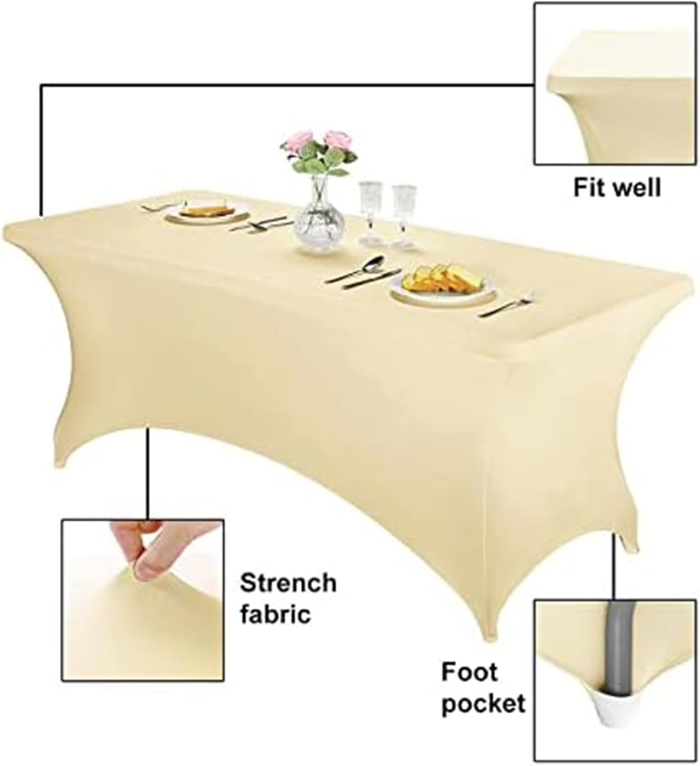 FORLIFE 6Pack Spandex Table Covers 6ft，Fitted Tablecloth for 6ft Rectangular Tables, Stretch Patio Table Covers, Universal Spandex Table Cover for Wedding, Banquet, Party - Champnge