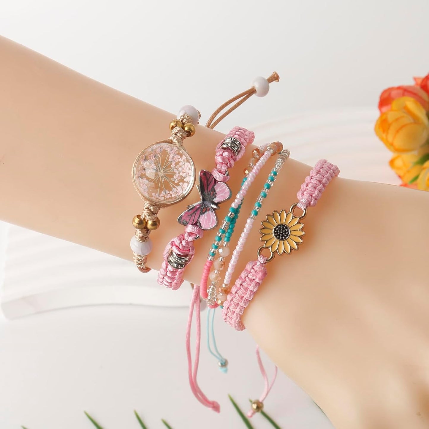 DS 4PCS String beads Charm Bracelets for Teen Girls Dainty cute cartoon Butterfly Daisy Eternal flower Beads Bracelets set for woman and girls Adjustable Stretch bracelet birthday Gift For Friends