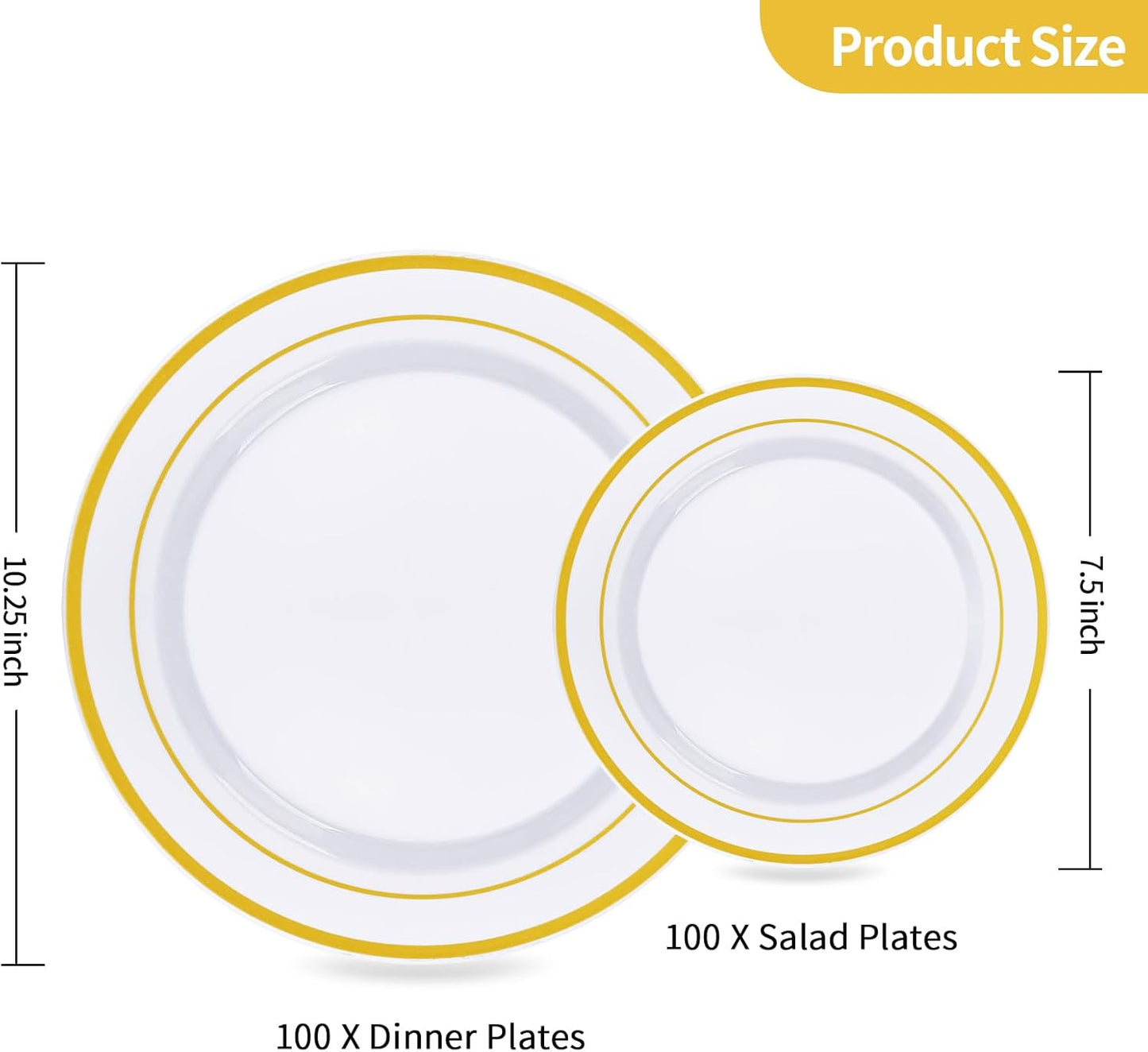 Goodluck 200PCS Gold Plastic Plates, Heavy Duty Disposable Gold Plates with 100 10.25 inch Dinner Plates and 100 7.5 inch Dessert Plates for Party, Holiday, Wedding, Thanksgiving