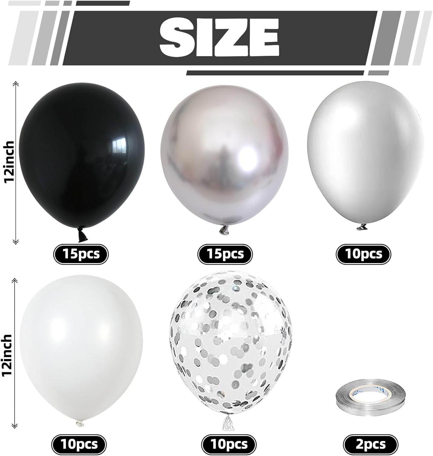 Black and Silver Balloons, 60 Packs 12 Inch Chrome Metallic Silver Balloons and Confetti Balloons, Black White Silver Balloon for Wedding Engagement Birthday Halloween Decorations