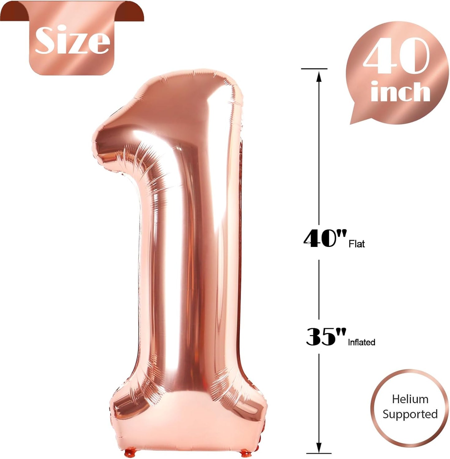 40 Inch Rose Gold 1 Balloon for First Birthday, 1st Number Balloons Birthday Decorations for Girl Boy Kids Toddler Baby, One Giant Number 1 Balloon